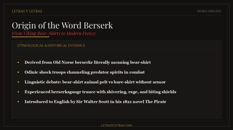 Infographic displaying the etymological origin of the word berserk from Old Norse berserkr meaning bear-shirt and warrior frenzy.