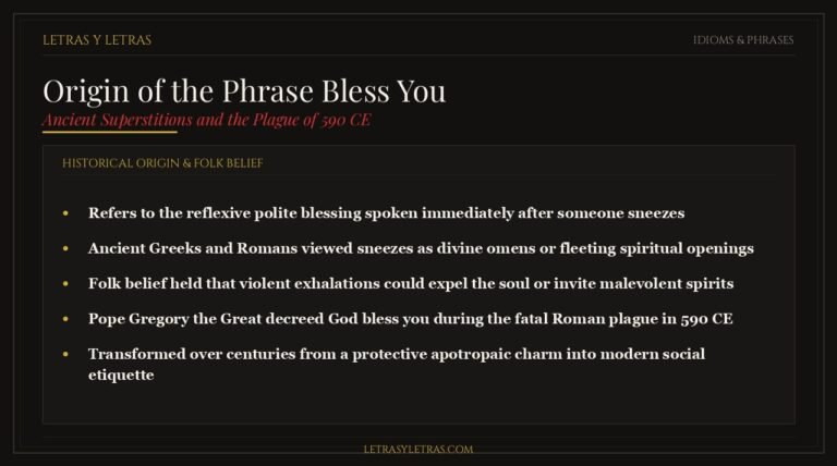 Editorial infographic explaining the origin of the phrase bless you, ancient sneeze superstitions, and Pope Gregory 590 CE decree.