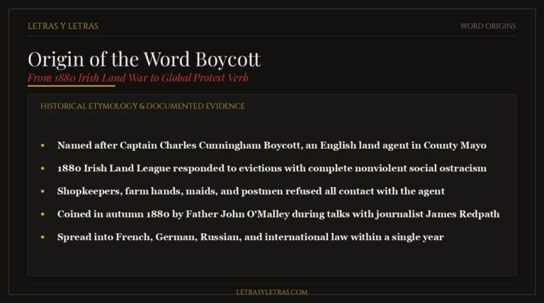 Infographic displaying the true historical origin of the word boycott from Captain Charles Boycott and the 1880 Irish Land League.