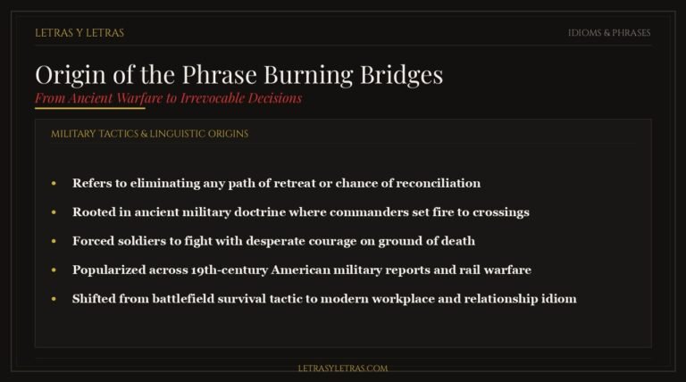 Editorial infographic explaining the origin of the phrase burning bridges, military retreat tactics, and irreversible decisions.