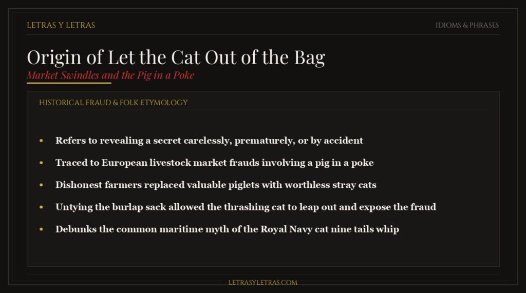 Origin of the phrase let the cat out of the bag, market frauds, and exposed secrets
