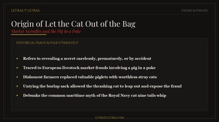 Editorial infographic illustrating the origin of the phrase let the cat out of the bag, market frauds, and exposed secrets.
