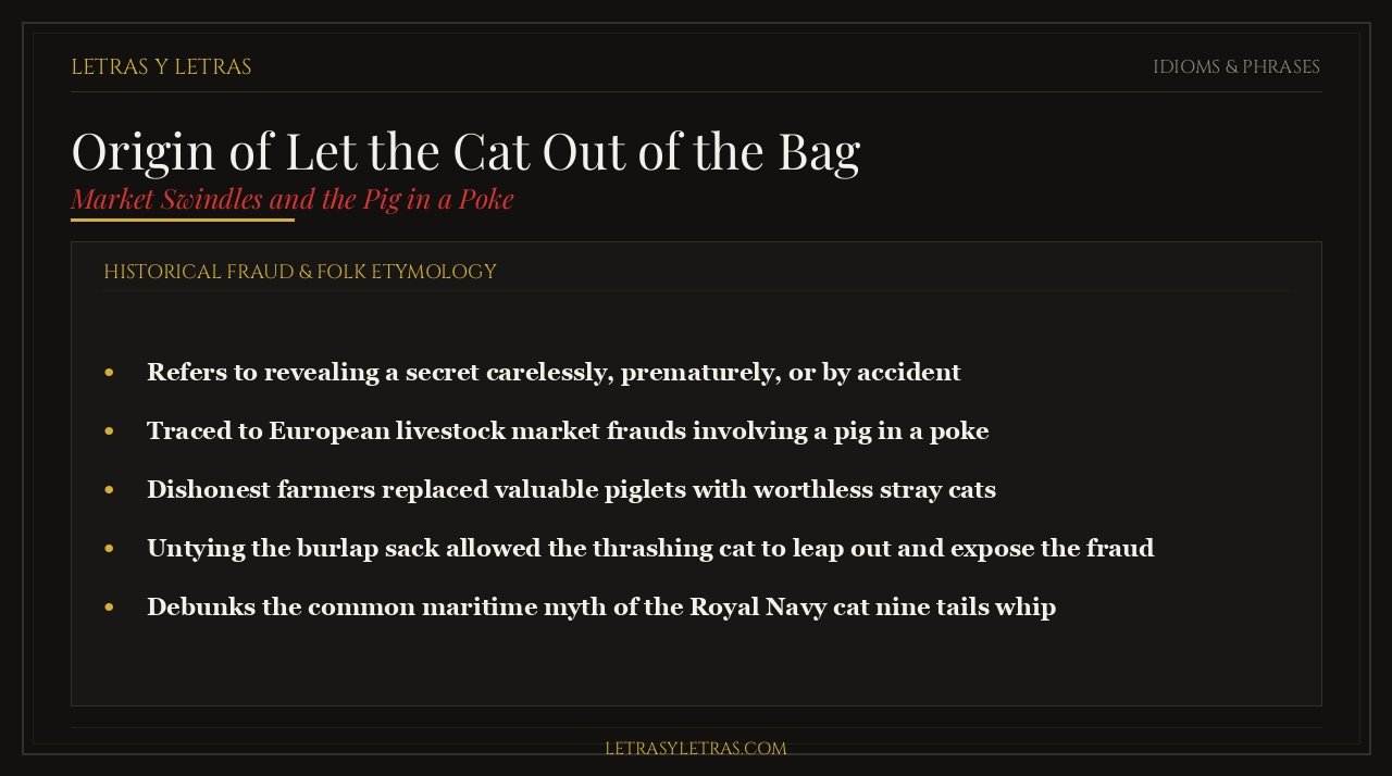 Editorial infographic illustrating the origin of the phrase let the cat out of the bag, market frauds, and exposed secrets.