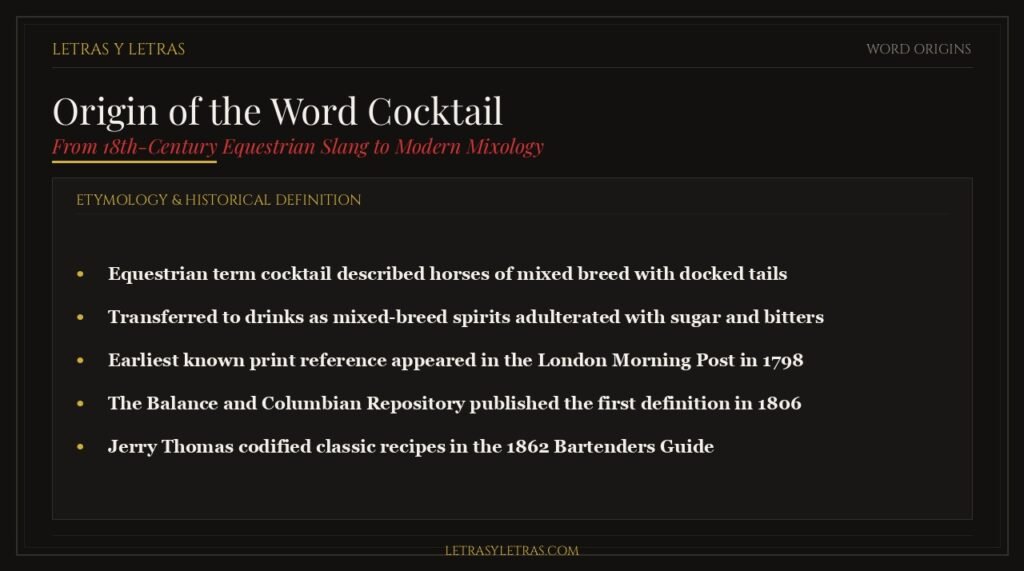 Origin of the word cocktail from 18th century equestrian horse slang to 1806 mixology