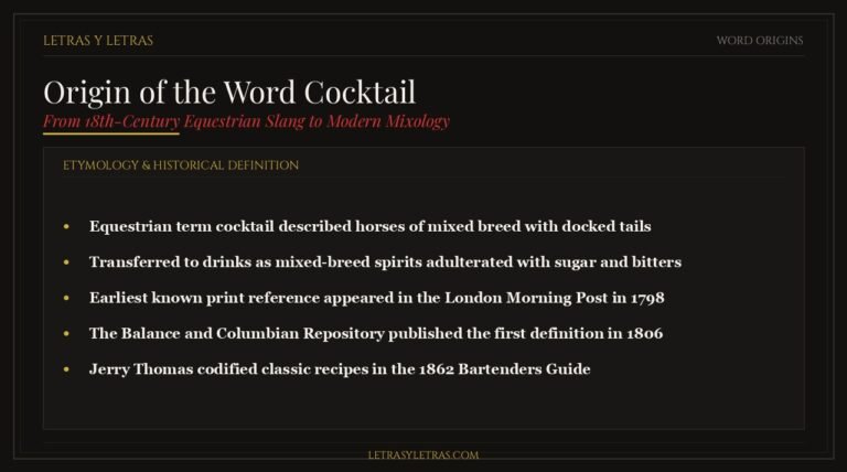 Editorial infographic explaining the origin of the word cocktail from 18th century equestrian horse slang to 1806 mixology.
