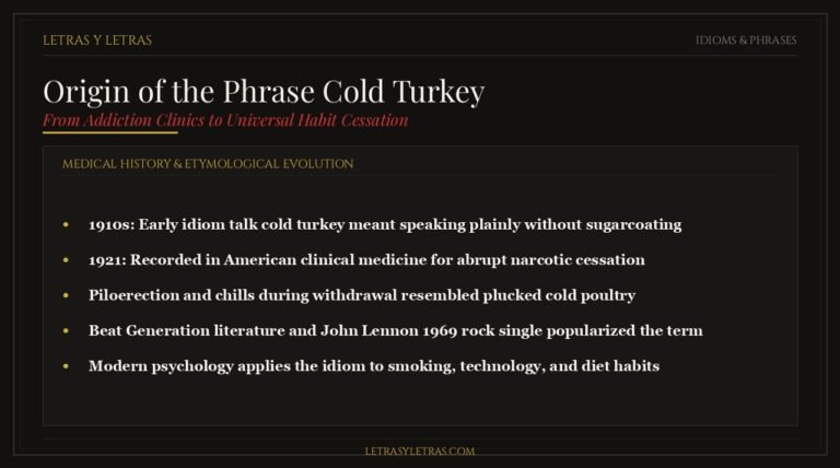 Editorial infographic explaining the true origin of the phrase cold turkey from addiction medicine to modern habit cessation.