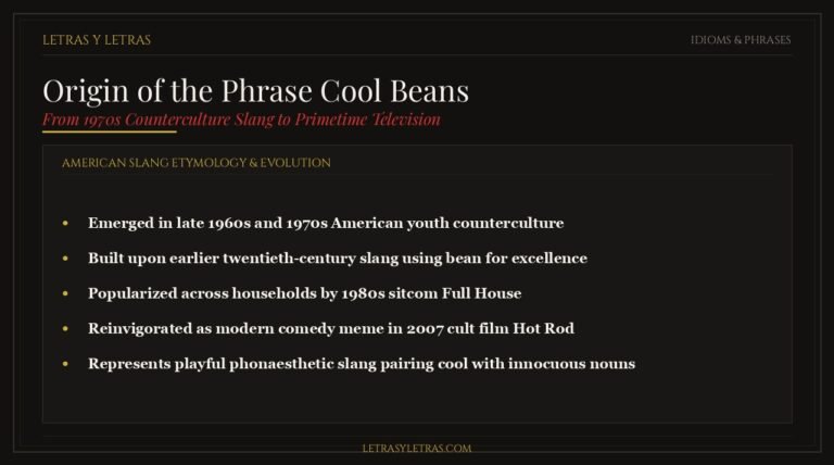Editorial infographic explaining the true origin of the phrase cool beans from 1970s counterculture slang to modern pop culture.