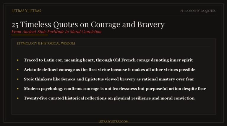 Editorial infographic breaking down 25 historical quotes on courage and the Latin etymology of bravery.