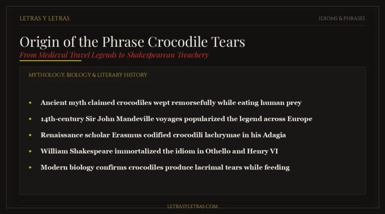 Editorial infographic explaining the true origin of the phrase crocodile tears from medieval myth to modern biology.