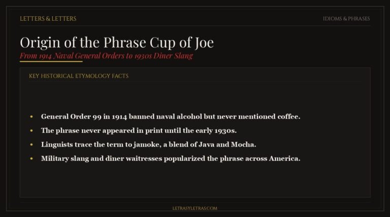 Editorial dark typography infographic explaining the origin of the phrase cup of joe from naval myths to diner slang.