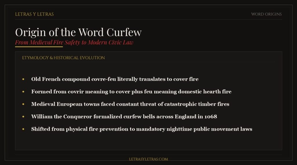 Origin of the word curfew from Old French covre-feu and medieval fire safety laws