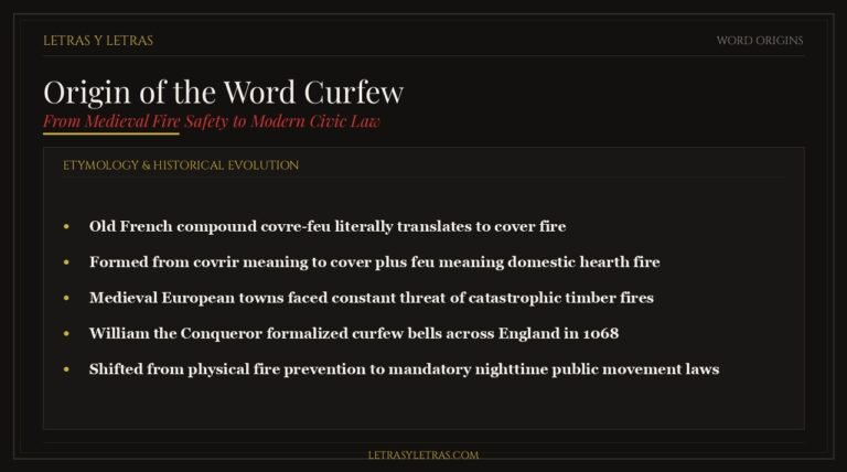 Editorial infographic explaining the origin of the word curfew from Old French covre-feu and medieval fire safety laws.