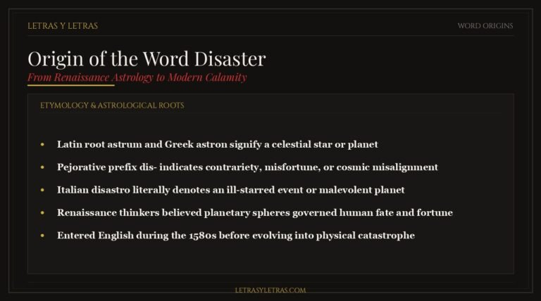 Editorial infographic explaining the origin of the word disaster from Italian disastro and astrological bad star etymology.