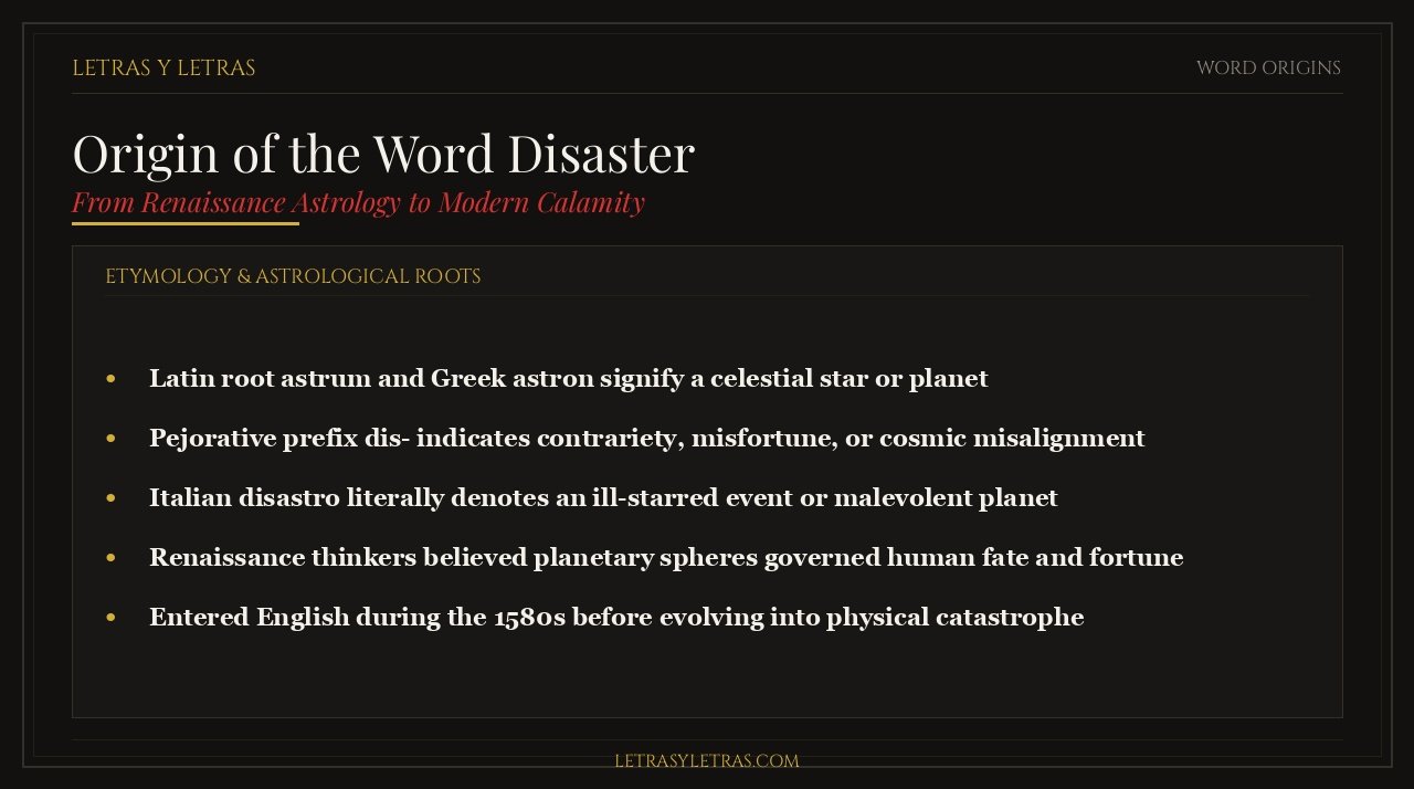 Editorial infographic explaining the origin of the word disaster from Italian disastro and astrological bad star etymology.