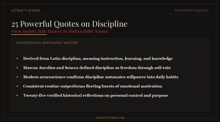 Editorial infographic breaking down 25 historical quotes on discipline and the Latin etymology of self-mastery.