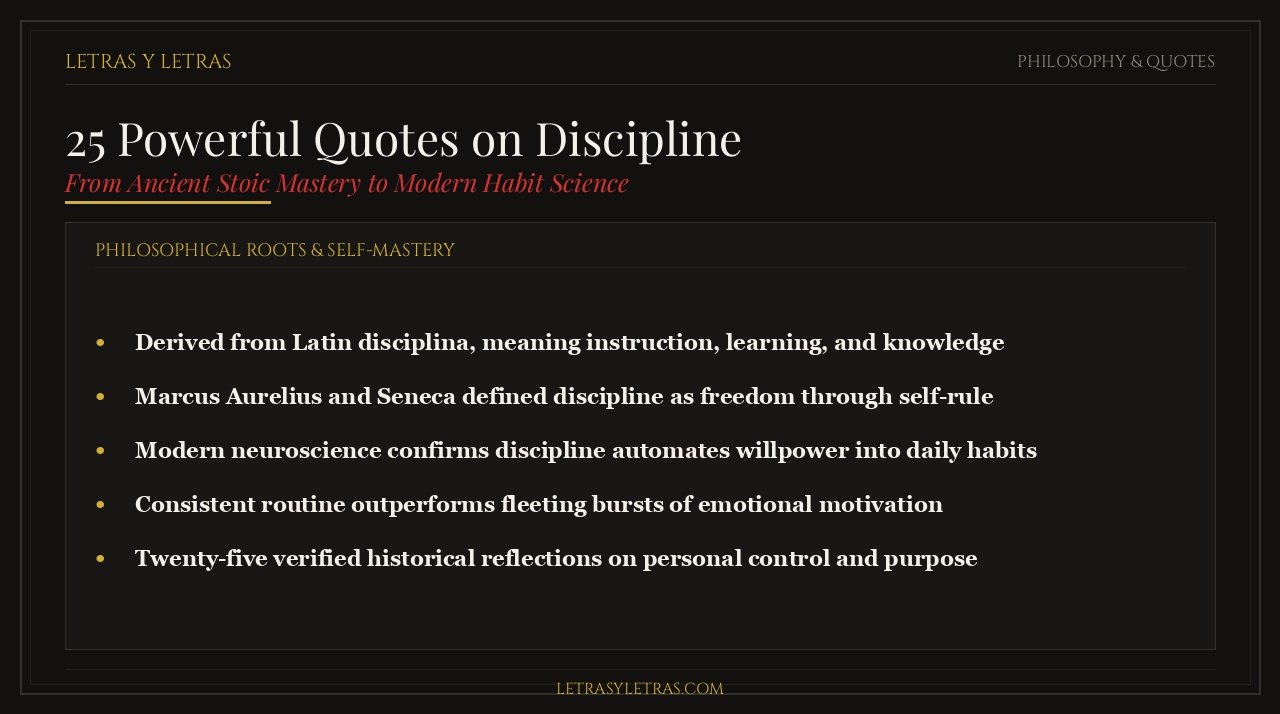Editorial infographic breaking down 25 historical quotes on discipline and the Latin etymology of self-mastery.