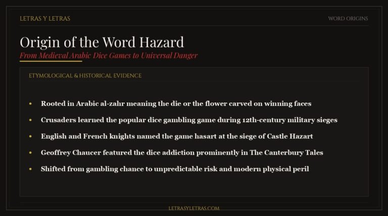 Infographic tracing the etymology of the word hazard from Arabic al-zahr and Crusader siege dice games to modern danger.
