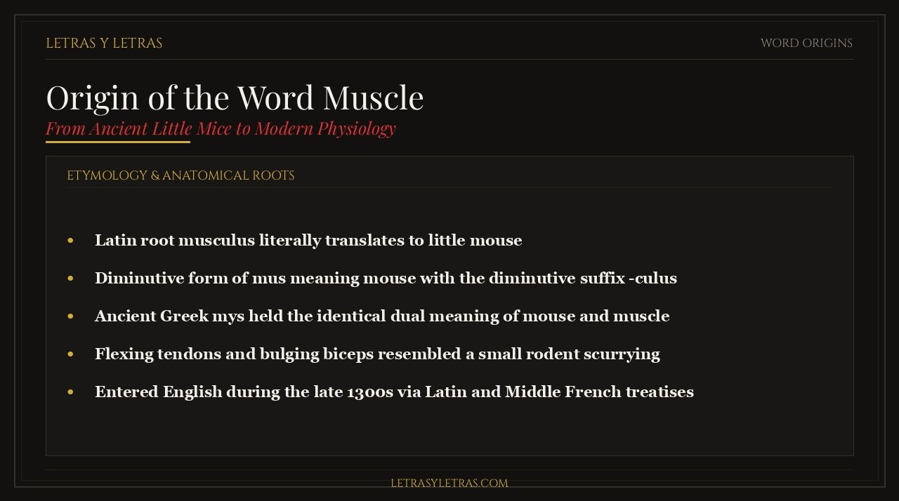 Editorial infographic explaining the origin of the word muscle from Latin musculus meaning little mouse and ancient anatomy.