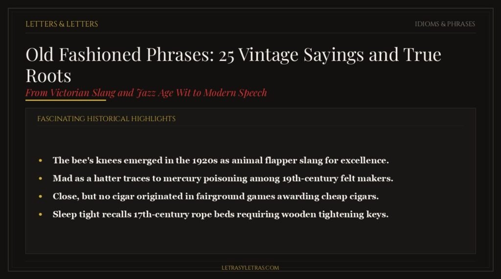 Dark editorial card listing classic old fashioned phrases and historical language milestones.