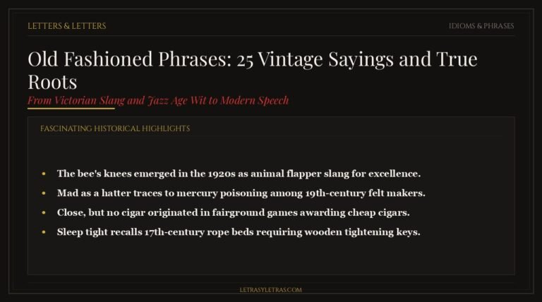 Dark editorial card listing classic old fashioned phrases and historical language milestones.