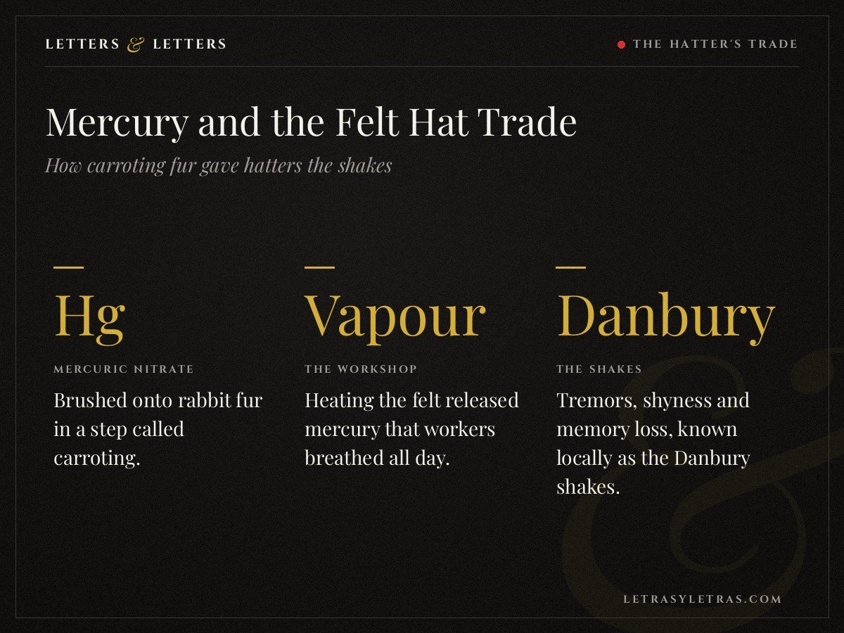 Key facts card on mercury poisoning in the 19th century felt hat trade and the Danbury shakes