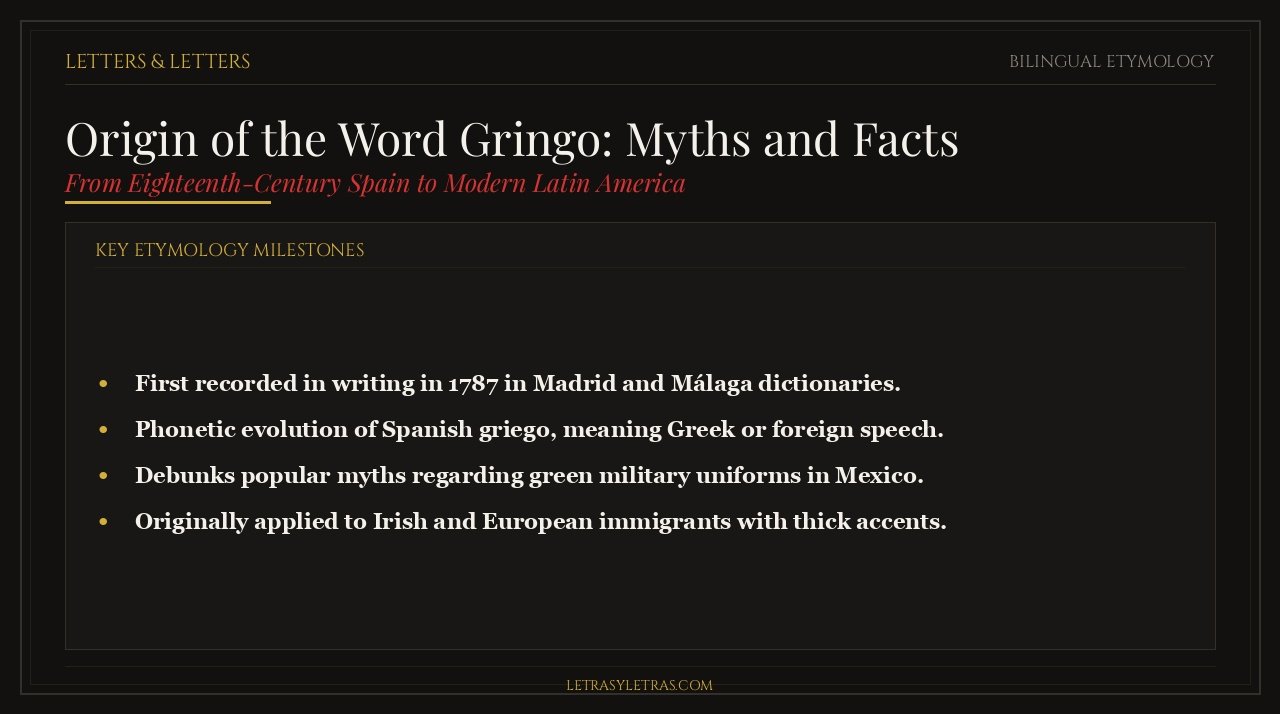Editorial dark luxury infographic on origin of the word gringo tracing 1787 Spanish dictionary roots.