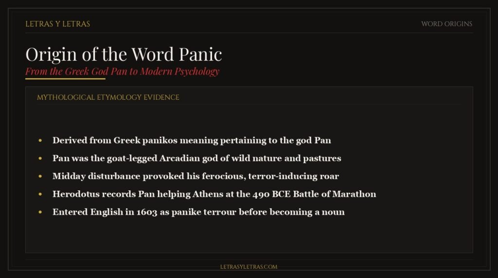 Mythological origin of the word panic from the Greek god Pan, the Battle of Marathon, and ancient Arcadian folklore
