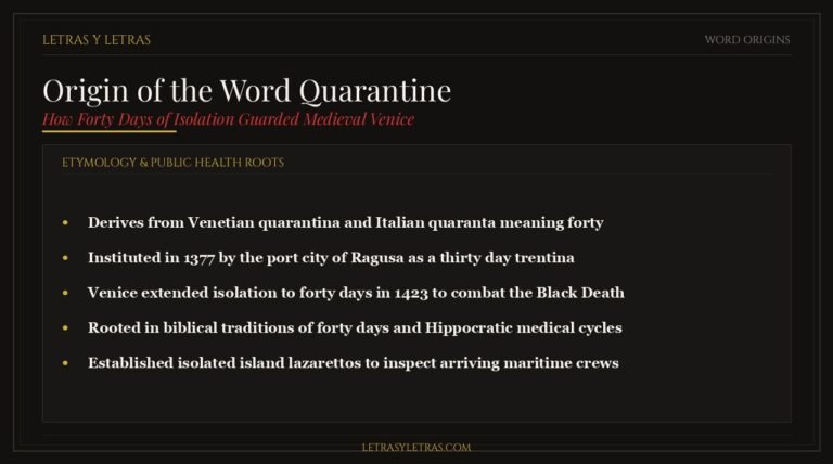 Editorial infographic explaining the origin of the word quarantine, Venetian quarantina, and forty days of plague isolation.