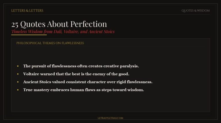 Editorial dark luxury infographic detailing 25 quotes about perfection and philosophical wisdom on flawlessness.