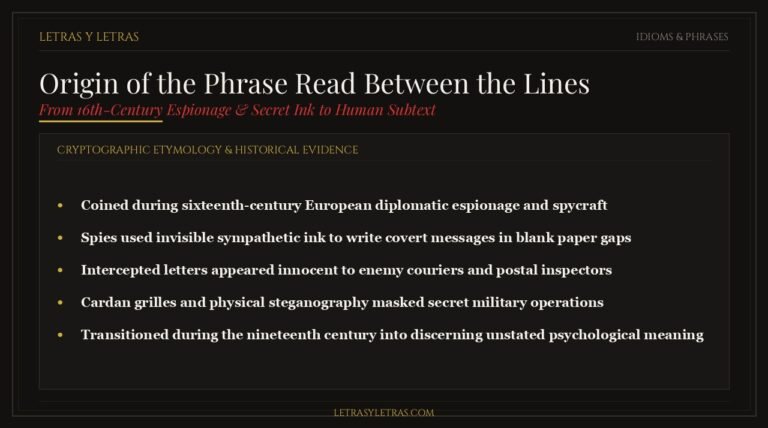 Infographic illustrating the historical origin of the phrase read between the lines from sixteenth-century espionage and invisible ink.