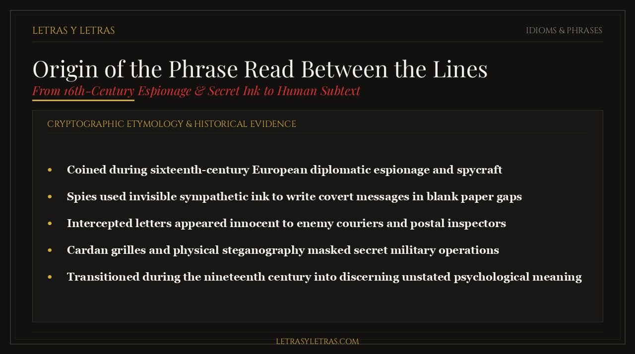 Infographic illustrating the historical origin of the phrase read between the lines from sixteenth-century espionage and invisible ink.