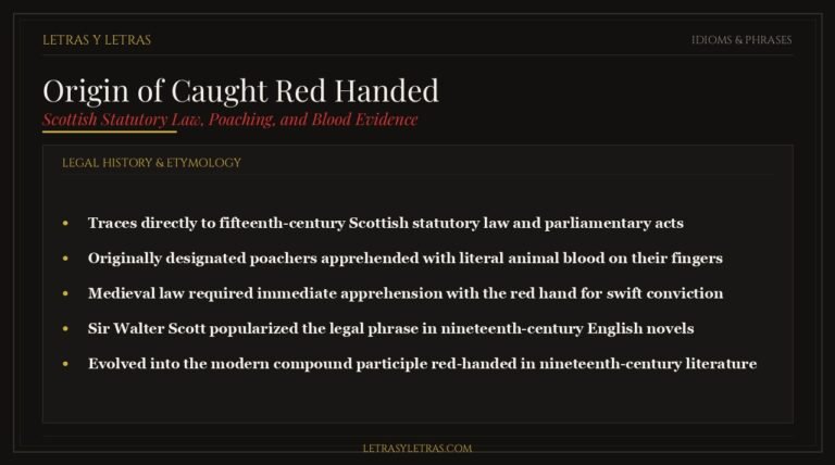 Editorial infographic explaining the origin of the phrase caught red handed, Scottish poaching statutes, and legal history.