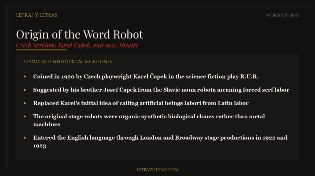 Origin of the word robot, Czech serfdom, and Karel Čapek's 1920 play R.U.R