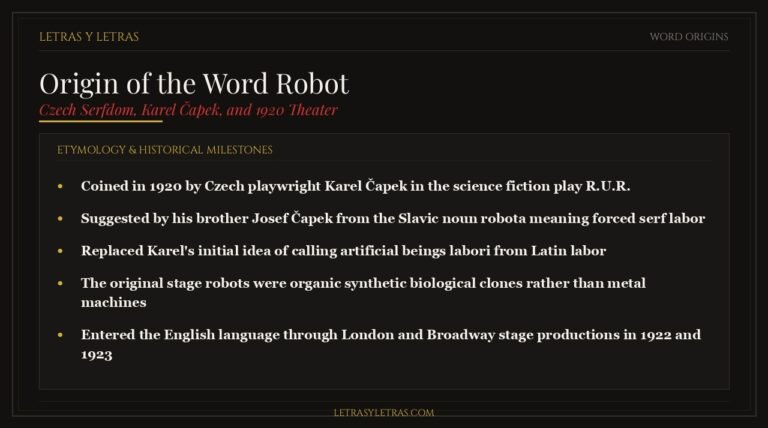 Editorial infographic explaining the origin of the word robot, Czech serfdom, and Karel Čapek's 1920 play R.U.R.