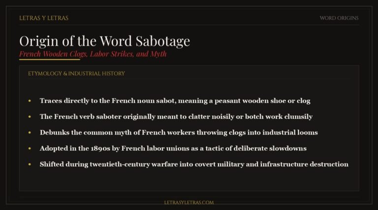 Editorial infographic explaining the origin of the word sabotage, French wooden clogs, and labor history.