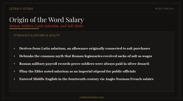 Editorial infographic explaining the origin of the word salary, Latin salarium, and Roman military payroll history.