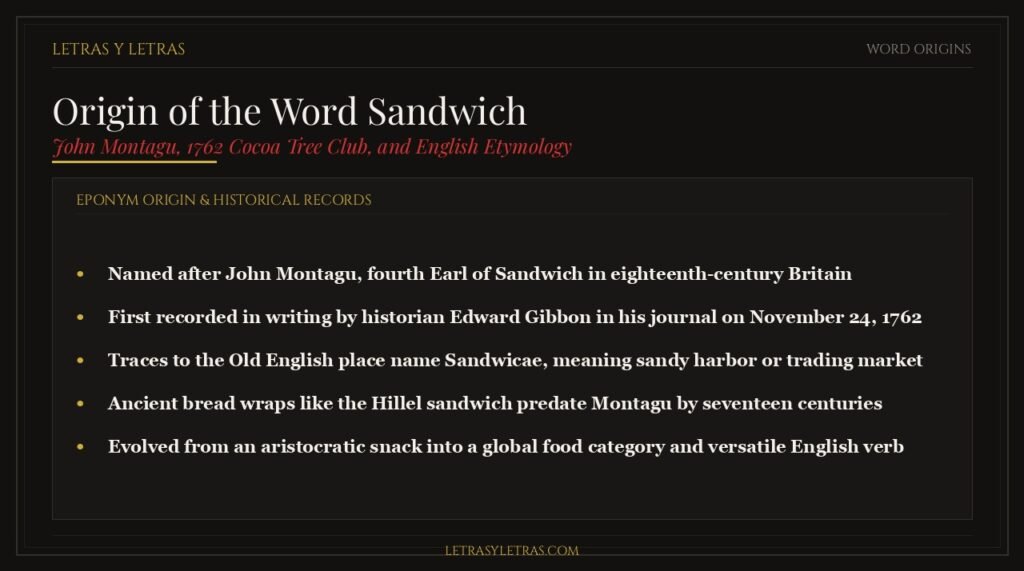 Origin of the word sandwich, John Montagu fourth Earl of Sandwich, and eighteenth-century records