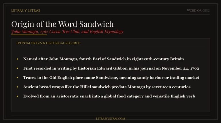 Editorial infographic explaining the origin of the word sandwich, John Montagu fourth Earl of Sandwich, and eighteenth-century records.