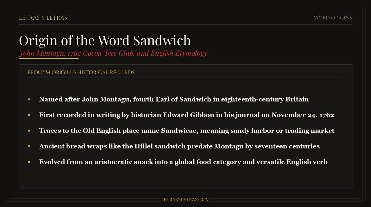 Origin of the word sandwich, John Montagu fourth Earl of Sandwich, and eighteenth-century records