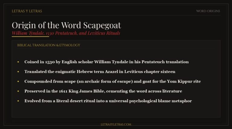 Editorial infographic explaining the origin of the word scapegoat, William Tyndale 1530 translation, and Leviticus Yom Kippur rituals.