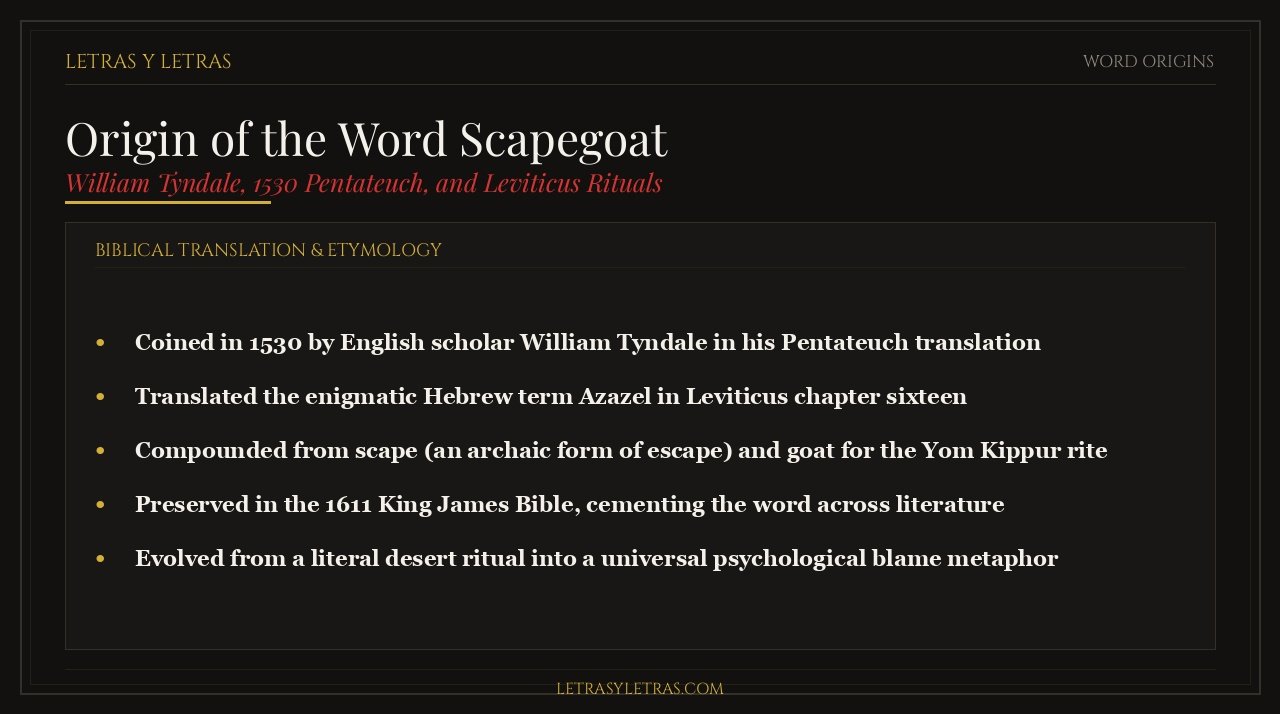 Editorial infographic explaining the origin of the word scapegoat, William Tyndale 1530 translation, and Leviticus Yom Kippur rituals.