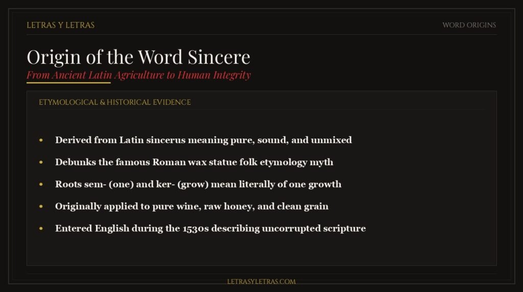 True etymological origin of the word sincere from Latin sincerus and PIE roots sem- and ker- meaning of one growth