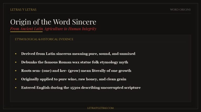 Infographic displaying the true etymological origin of the word sincere from Latin sincerus and PIE roots sem- and ker- meaning of one growth.
