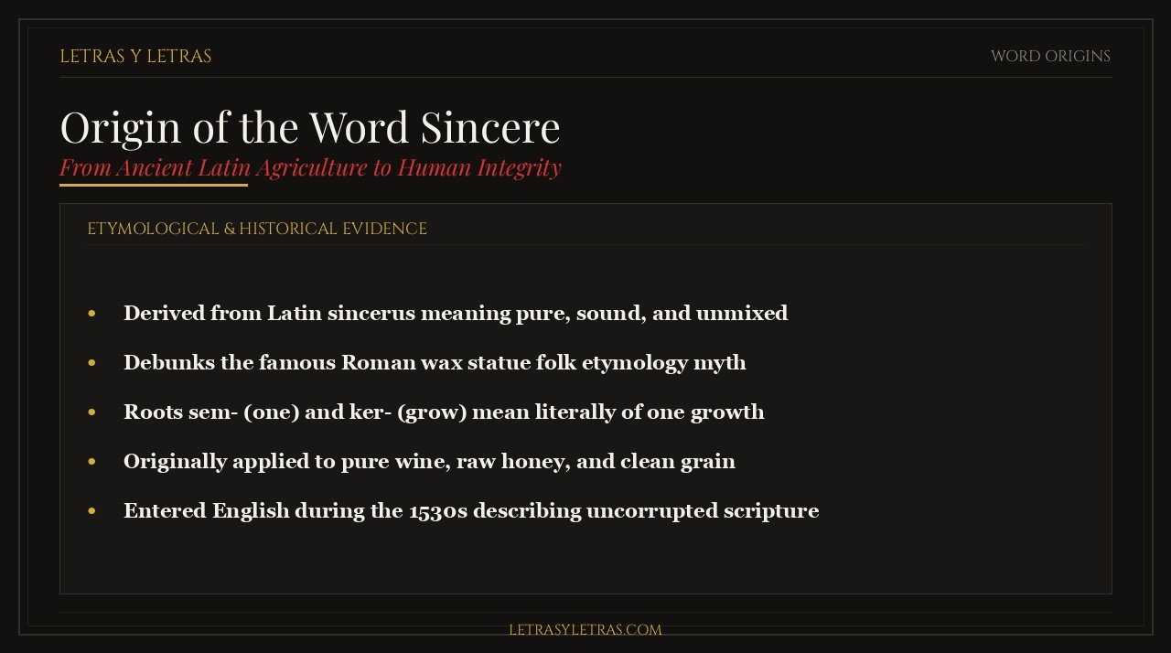 Infographic displaying the true etymological origin of the word sincere from Latin sincerus and PIE roots sem- and ker- meaning of one growth.