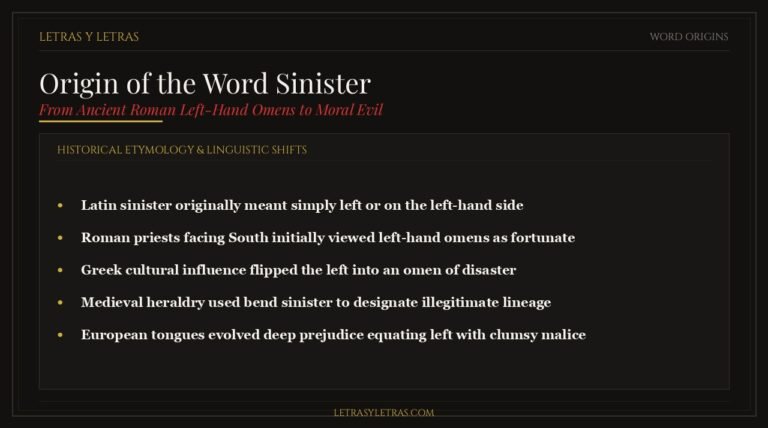Editorial infographic explaining the true origin of the word sinister from classical Latin left-hand direction to modern villainy.