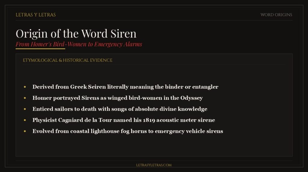 Etymological origin of the word siren from Homer Odyssey bird-women to Cagniard de la Tour 1819 acoustic invention