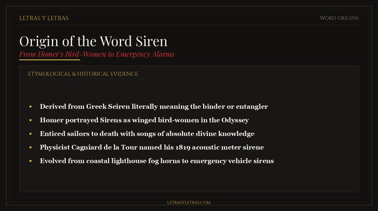 Infographic showing the etymological origin of the word siren from Homer Odyssey bird-women to Cagniard de la Tour 1819 acoustic invention.
