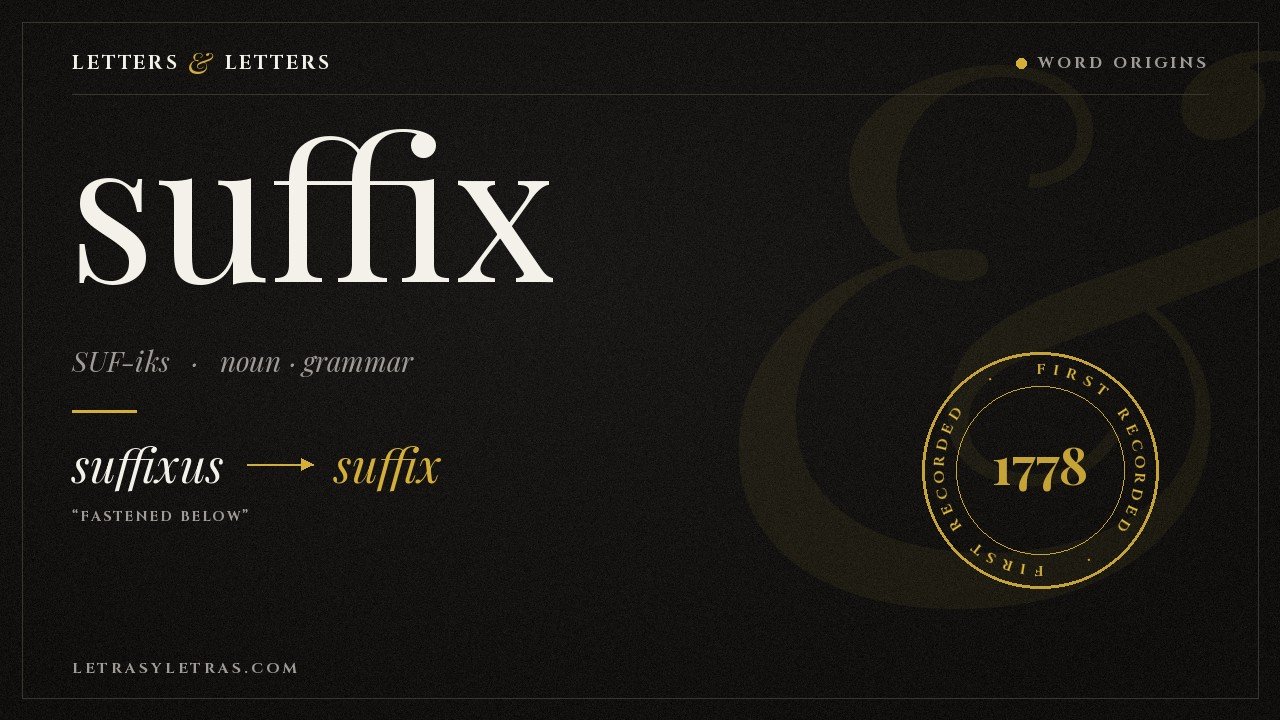 Dictionary entry for suffix, from Latin suffixus meaning fastened below, first recorded 1778