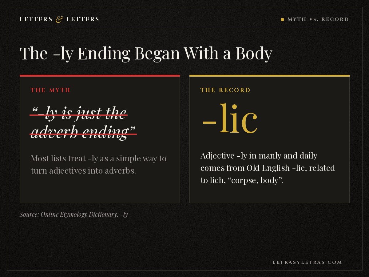 Myth versus record: -ly is not just an adverb ending; adjective -ly comes from Old English -lic, related to lich, corpse or body