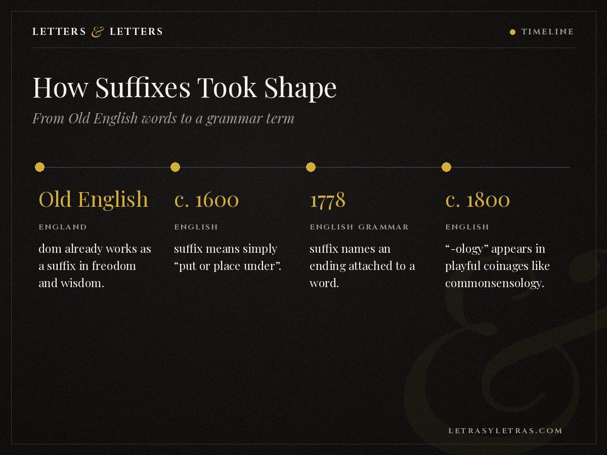 Timeline of the word suffix and English suffixes from Old English freodom to suffix in 1778 and -ology around 1800